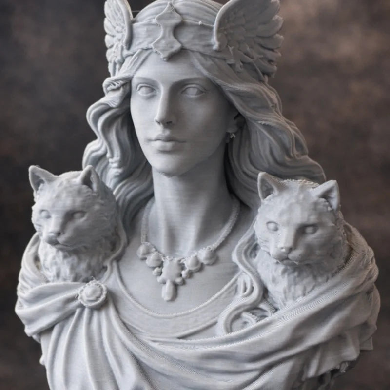 Busto de la Diosa Freyja con Dos Gatos — Figura de Mitología Nórdica