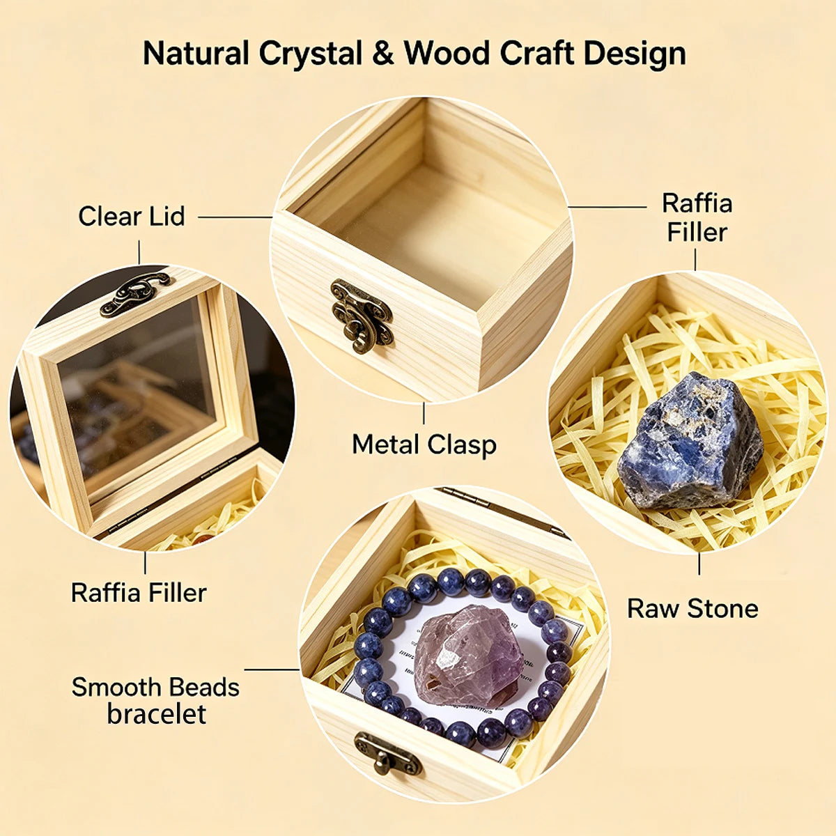 Cofre de Cristales Naturales — Piedra y Pulsera en Caja de Madera