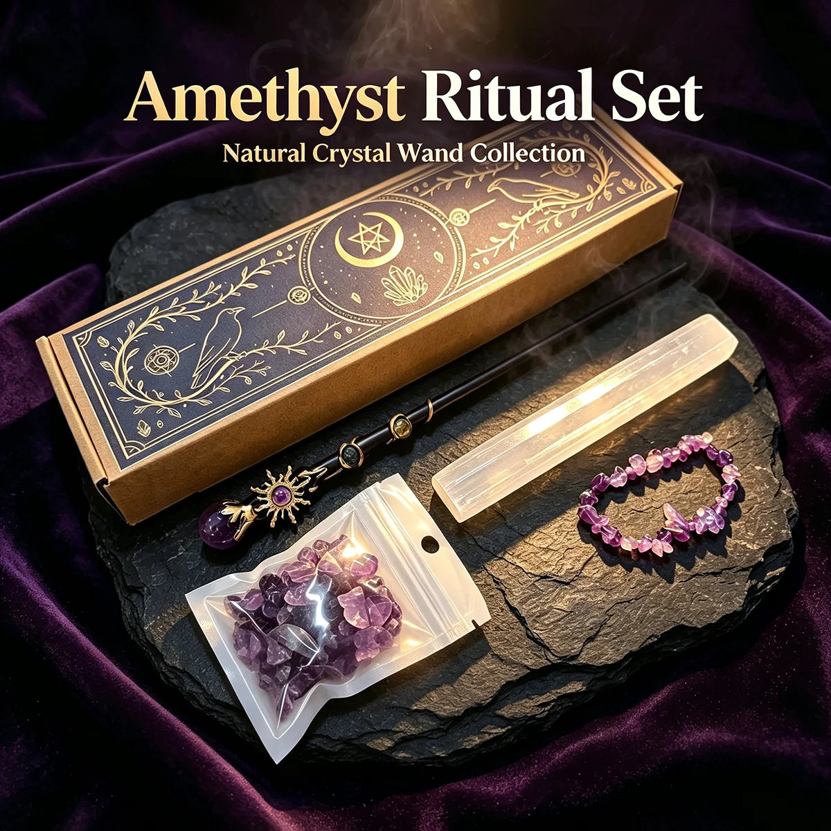 Kit de Bruja con Amatista y Cristales Naturales — Set Mágico de Regalo