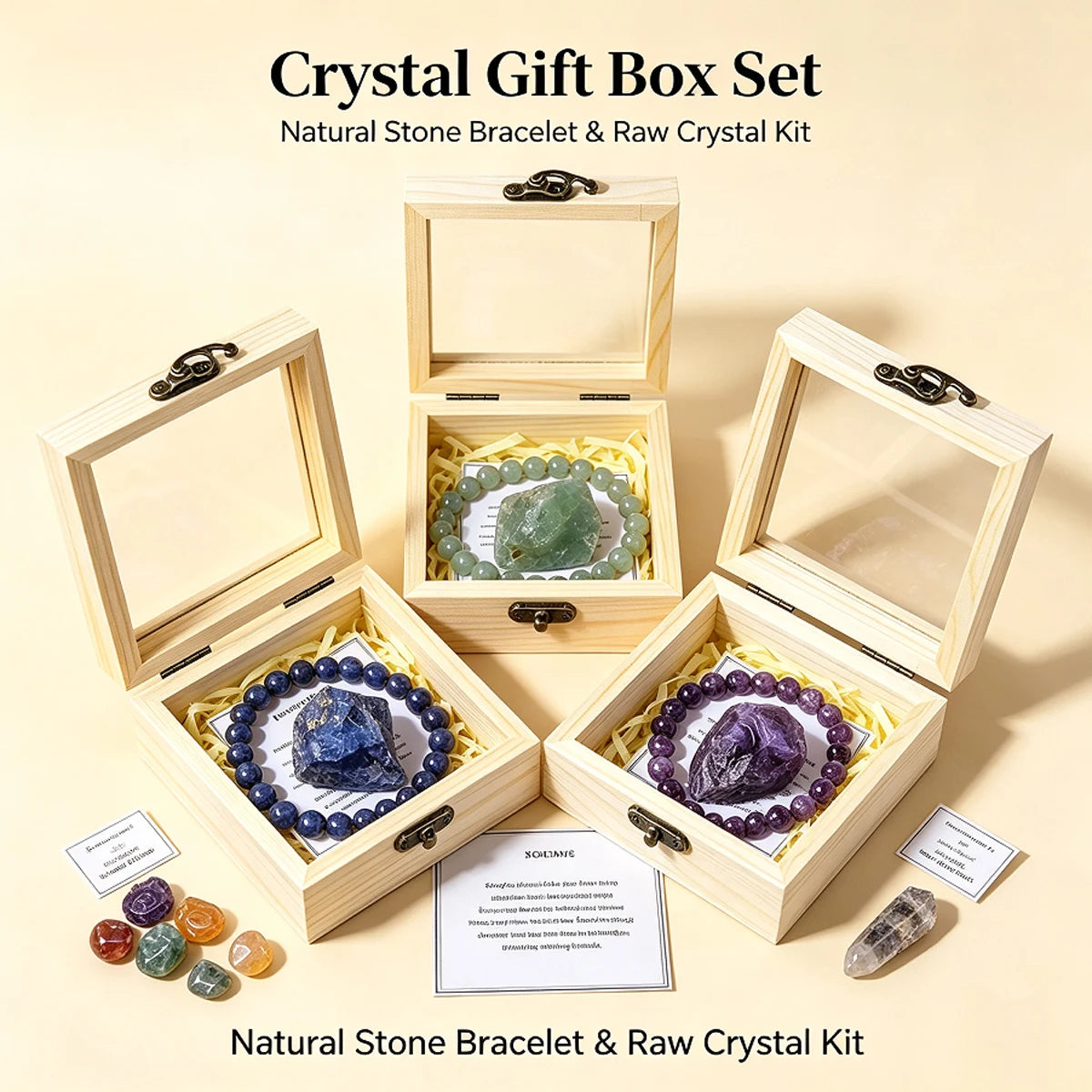 Cofre de Cristales Naturales — Piedra y Pulsera en Caja de Madera