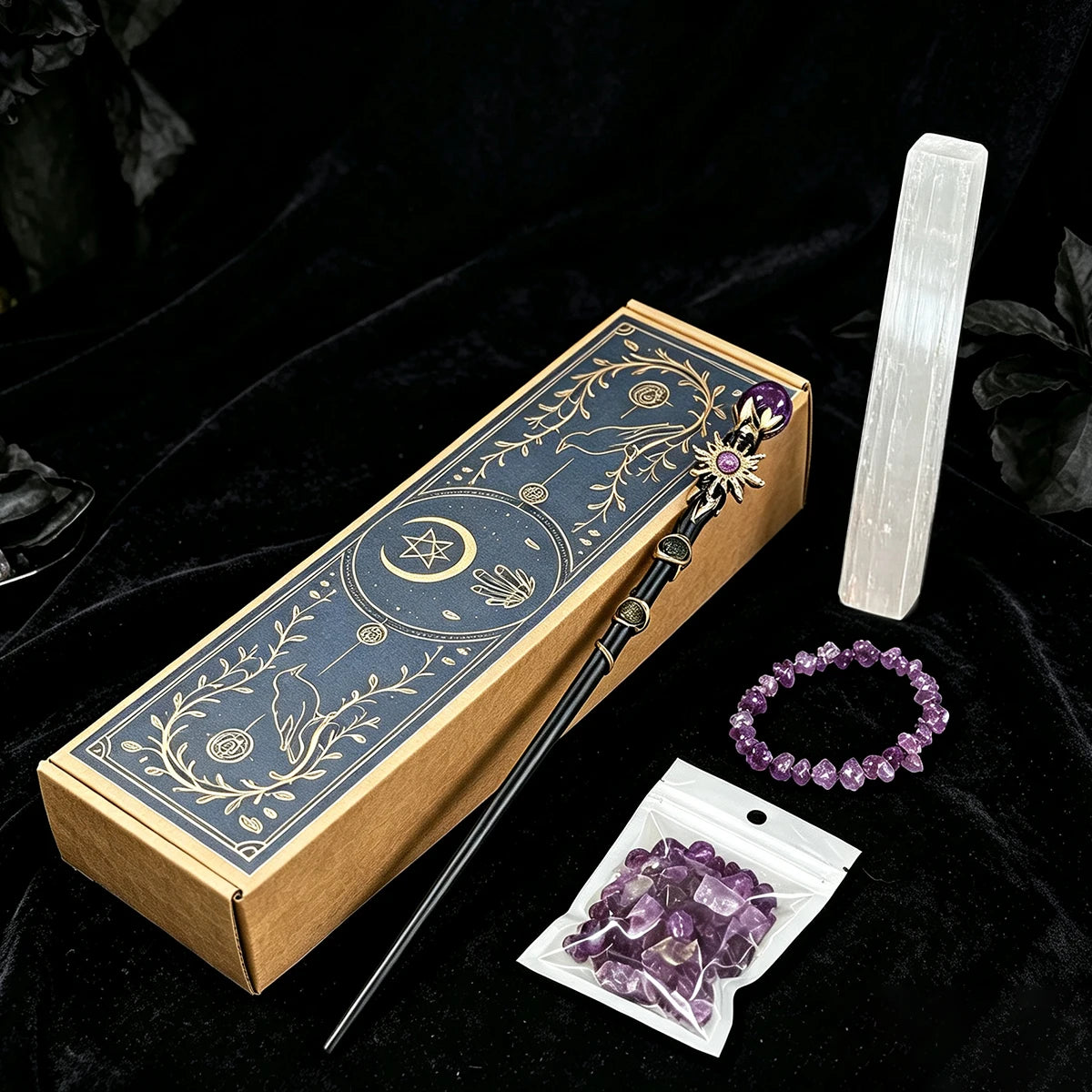 Kit de Bruja con Amatista y Cristales Naturales — Set Mágico de Regalo