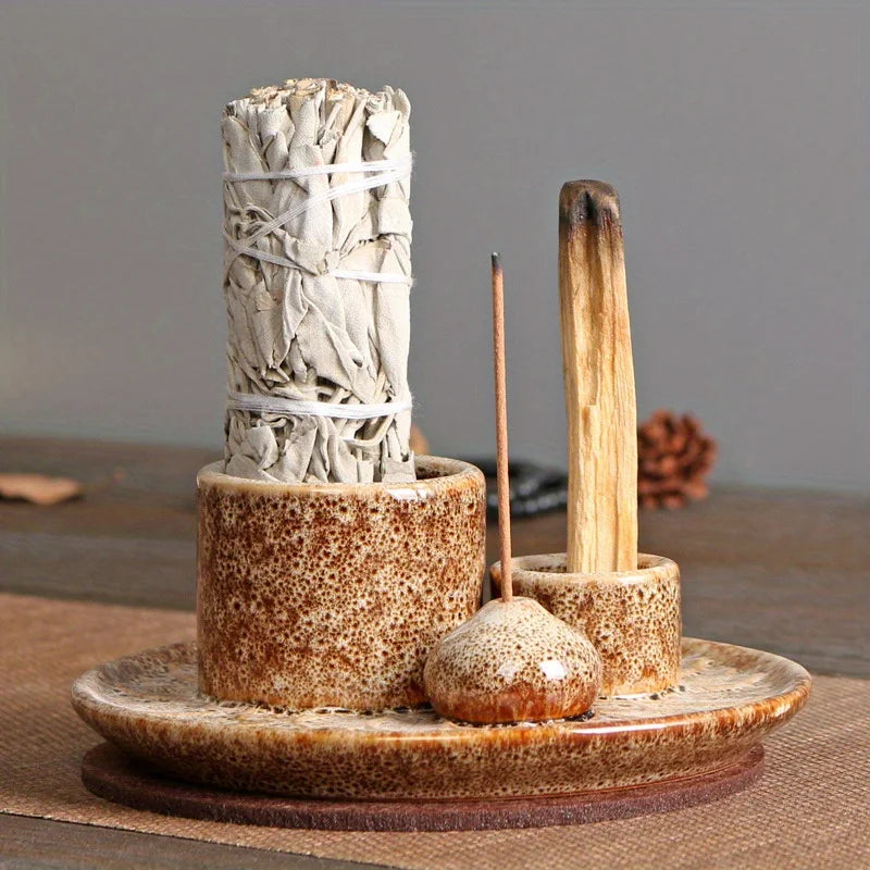 Quemador de Incienso Multifunción 4 en 1 — Soporte de Cerámica para Palo Santo y Sahumerios