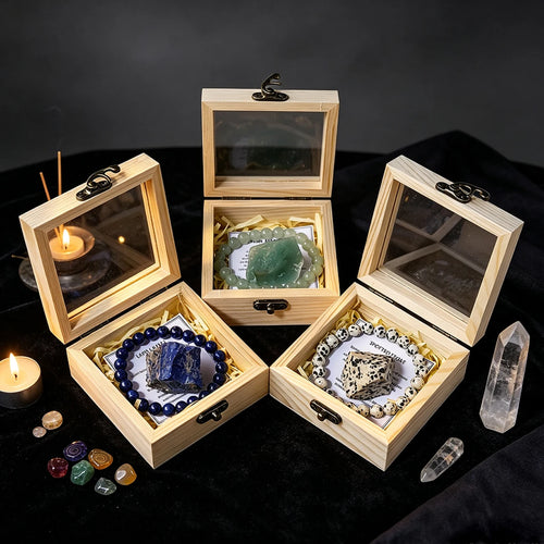 Cofre de Cristales Naturales — Piedra y Pulsera en Caja de Madera