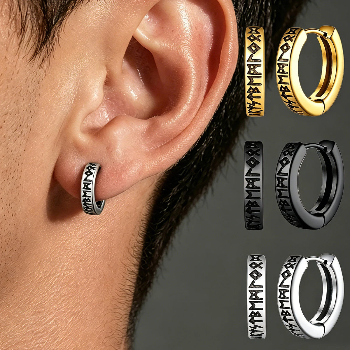 Pendientes Vikingos de Aro con Runas — Acero Inoxidable