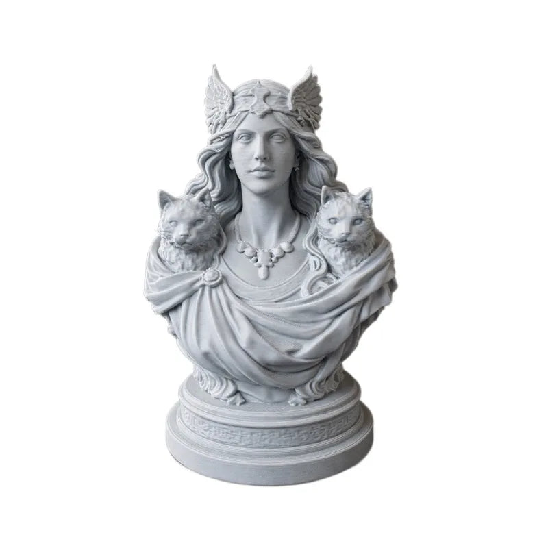 Busto de la Diosa Freyja con Dos Gatos — Figura de Mitología Nórdica