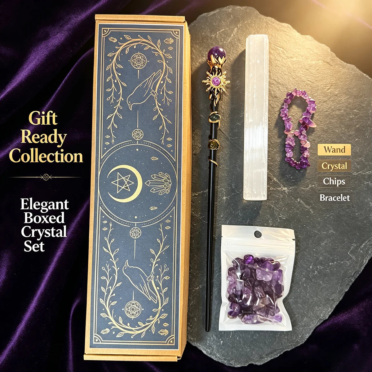 Kit de Bruja con Amatista y Cristales Naturales — Set Mágico de Regalo