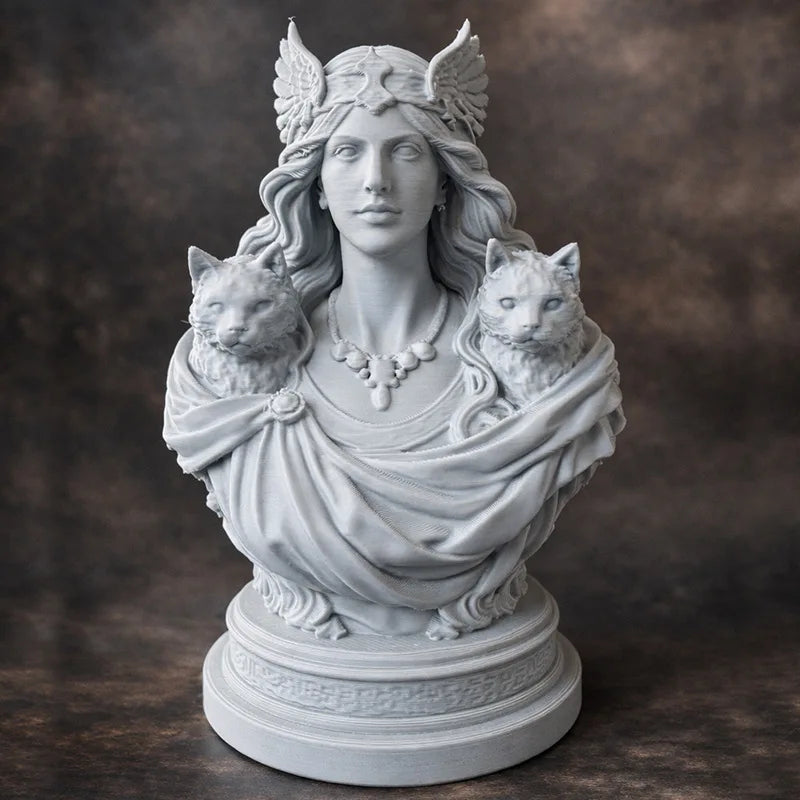 Busto de la Diosa Freyja con Dos Gatos — Figura de Mitología Nórdica